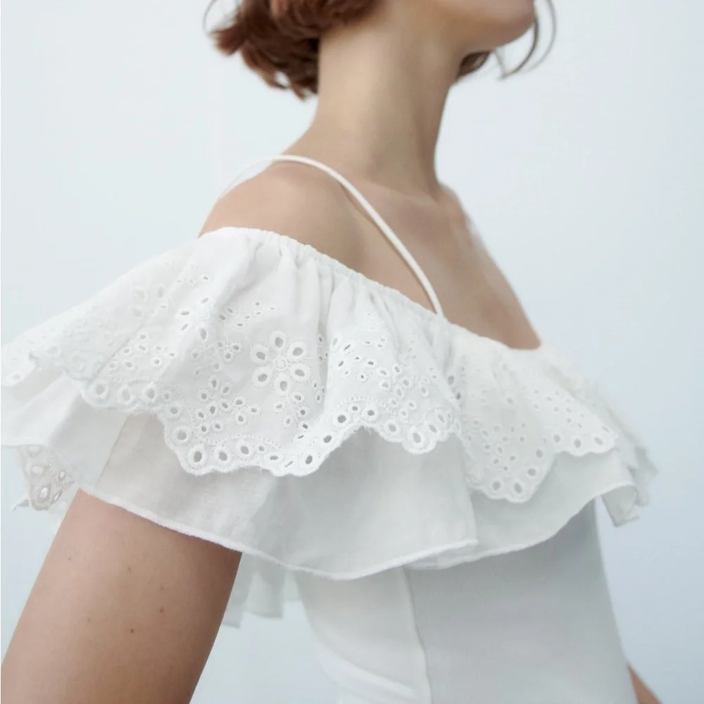 Zara matching bodysuit with embroidered ruffles white NWT - Picture 3 of 8